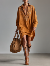 Amber Artisan Suede Tunic — Handcrafted Luxury in Rich Amber Hue