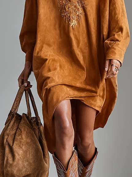Amber Artisan Suede Tunic — Handcrafted Luxury in Rich Amber Hue
